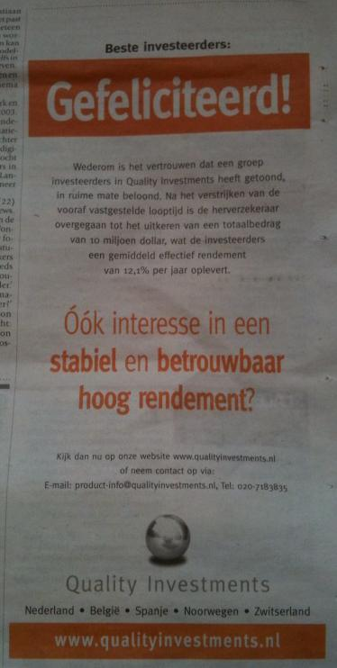 Advertentie Quality Investments in De Pers
